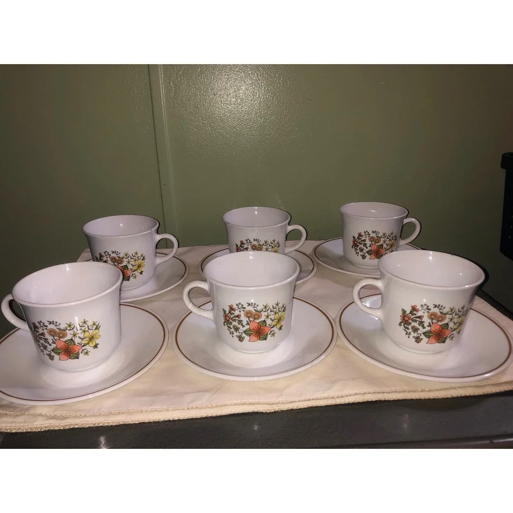 Corelle Indian Summer Tea Cup and Saucer Set of 6 Vintage Corning Vitrelle USA